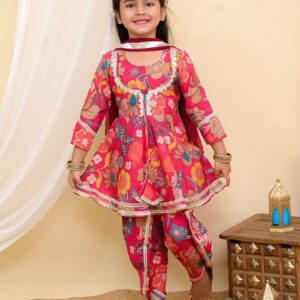 Girls Premium Chanderi Kurta with Dhoti and Dupatta Set - joshifashion.com