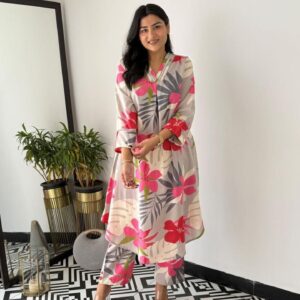 White & Gray A-Line Cotton Co-ord Set for Women