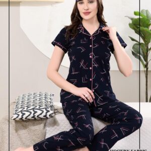 Black Hosiery Collar Night Suit – Striped