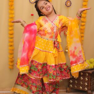 Heavy Party Wear Kurti Sharara Set with Organza Tie-Dye Dupatta