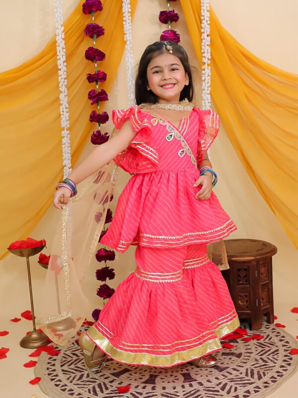 Stylish Georgette Kurti Sharara Dupatta Set with Gota-Booti Work & Frill Sleeves - Image 3