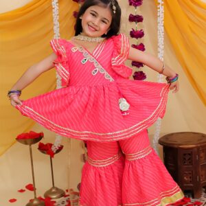 Stylish Georgette Kurti Sharara Dupatta Set with Gota-Booti Work & Frill Sleeves