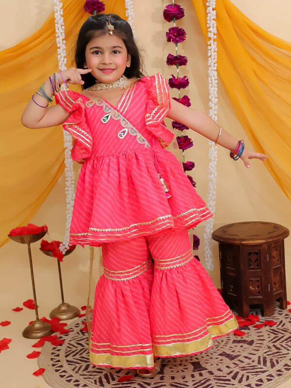 Stylish Georgette Kurti Sharara Dupatta Set with Gota-Booti Work & Frill Sleeves - Image 2