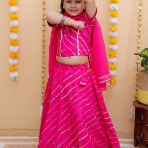 Girls' Cotton Pink Lehriya Choli Lehenga with Shober Lace Border & Dupatta