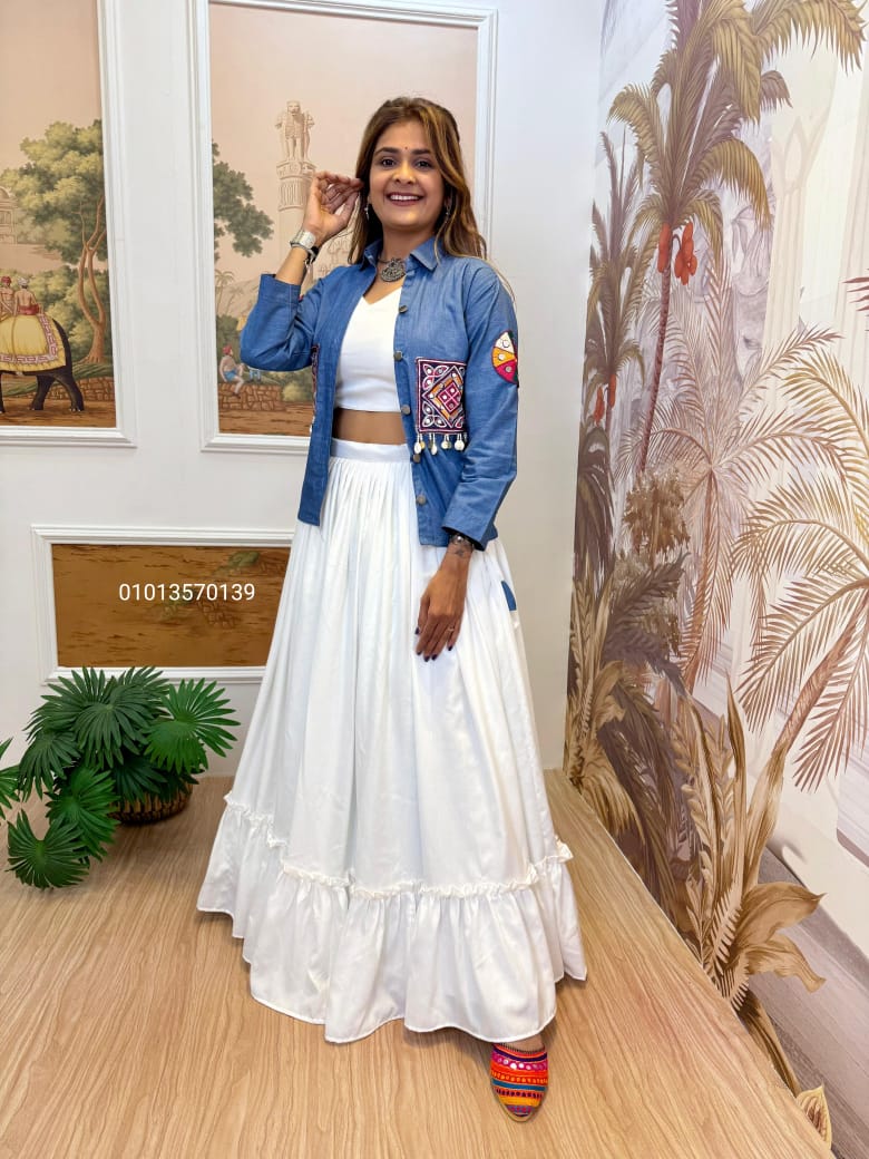 Denim Koti Lehenga Set with Embroidery & Kodi Lace - Image 3