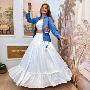 Denim Koti Lehenga Set with Embroidery & Kodi Lace