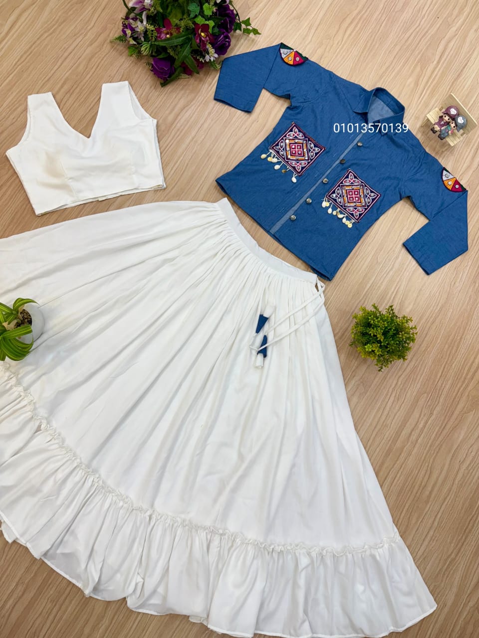 Denim Koti Lehenga Set with Embroidery & Kodi Lace - Image 8