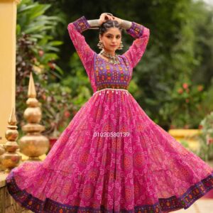 Gamthi Weave Ruffle Gown in Faux Georgette