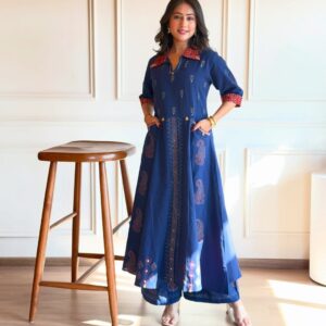 Zulekha Navy Blue Kurti Plazzo Set - joshifashion.com