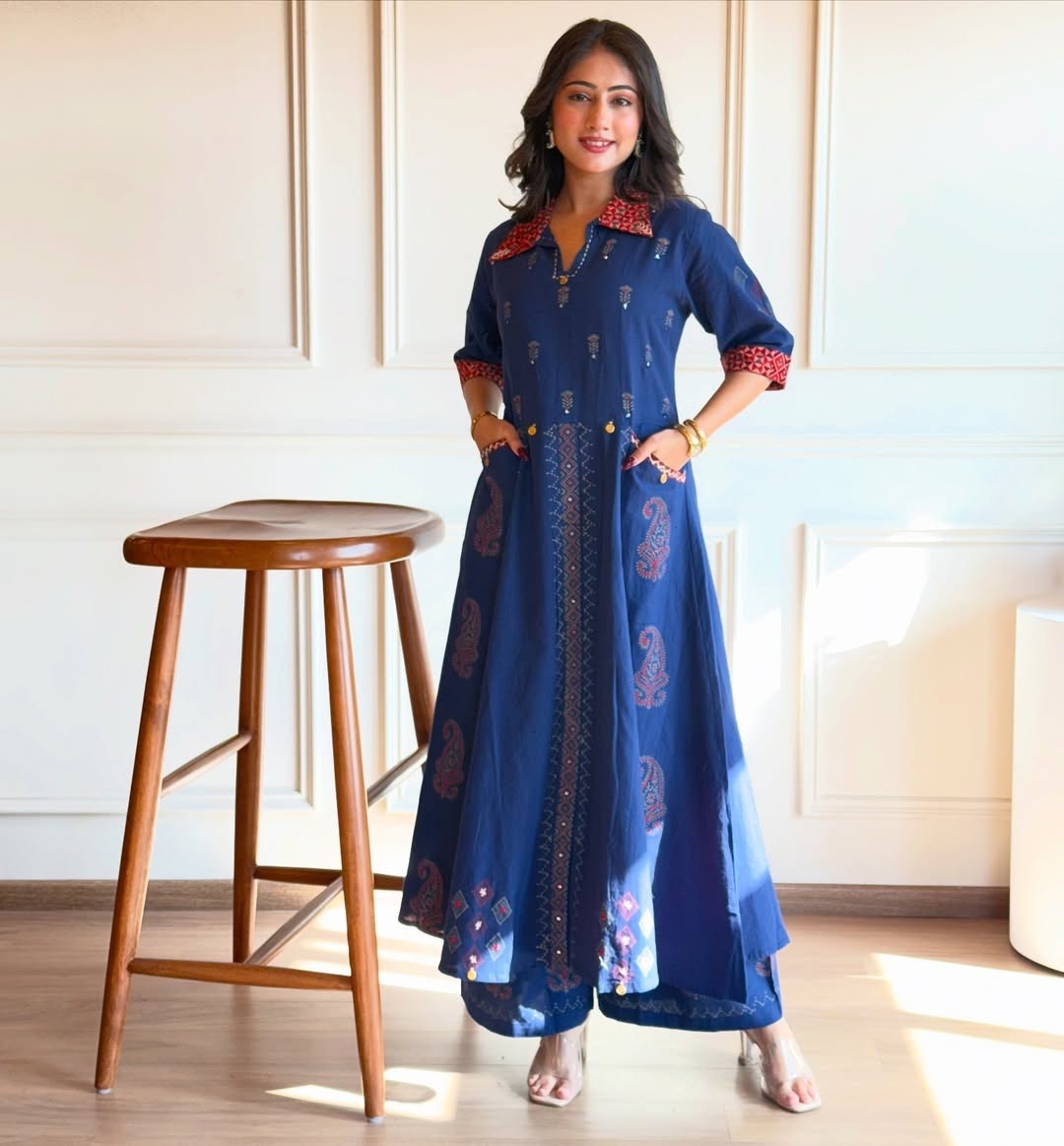 Zulekha Navy Blue Kurti Plazzo Set - joshifashion.com