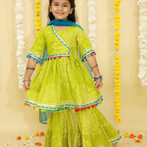 Bandhej Blossom – Girls' Peplum Kurta Sharara Set