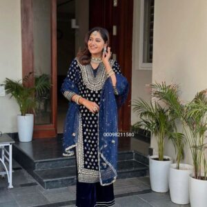 Premium Velvet Kurti-Plazzo Set with Embroidered Dupatta