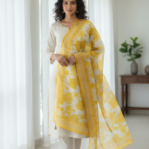Pure Organza Yellow Digital Print Dupatta for Women with Latkan