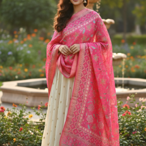 Organza Pink Digital Print Dupatta with Latkan – 82 x 34 Inches