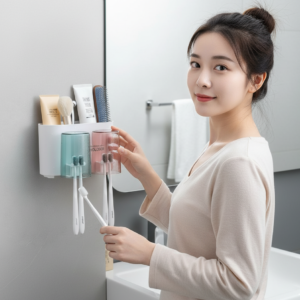 Wall Mounted Bathroom Toothbrush Holder with 2 Cups – Plastic Brush Holder