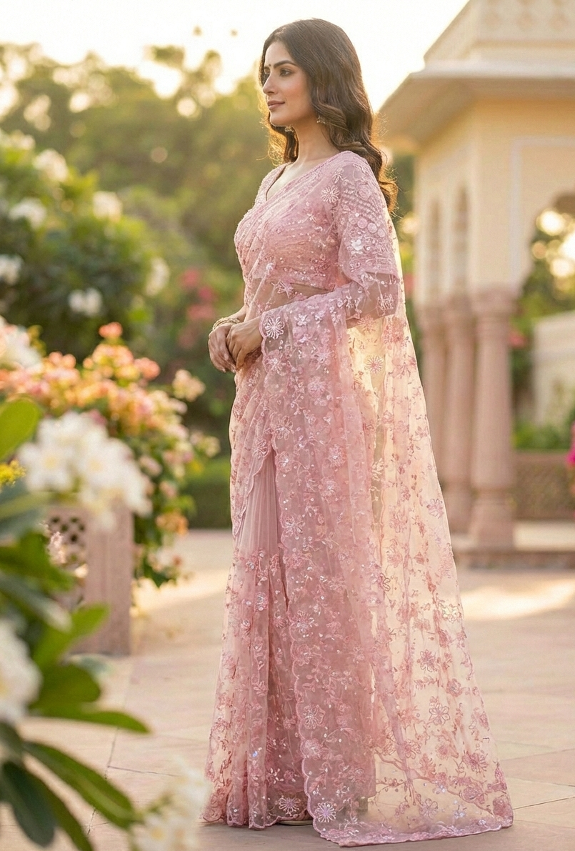 Premium Butterfly Net Embroidered Saree - Image 3