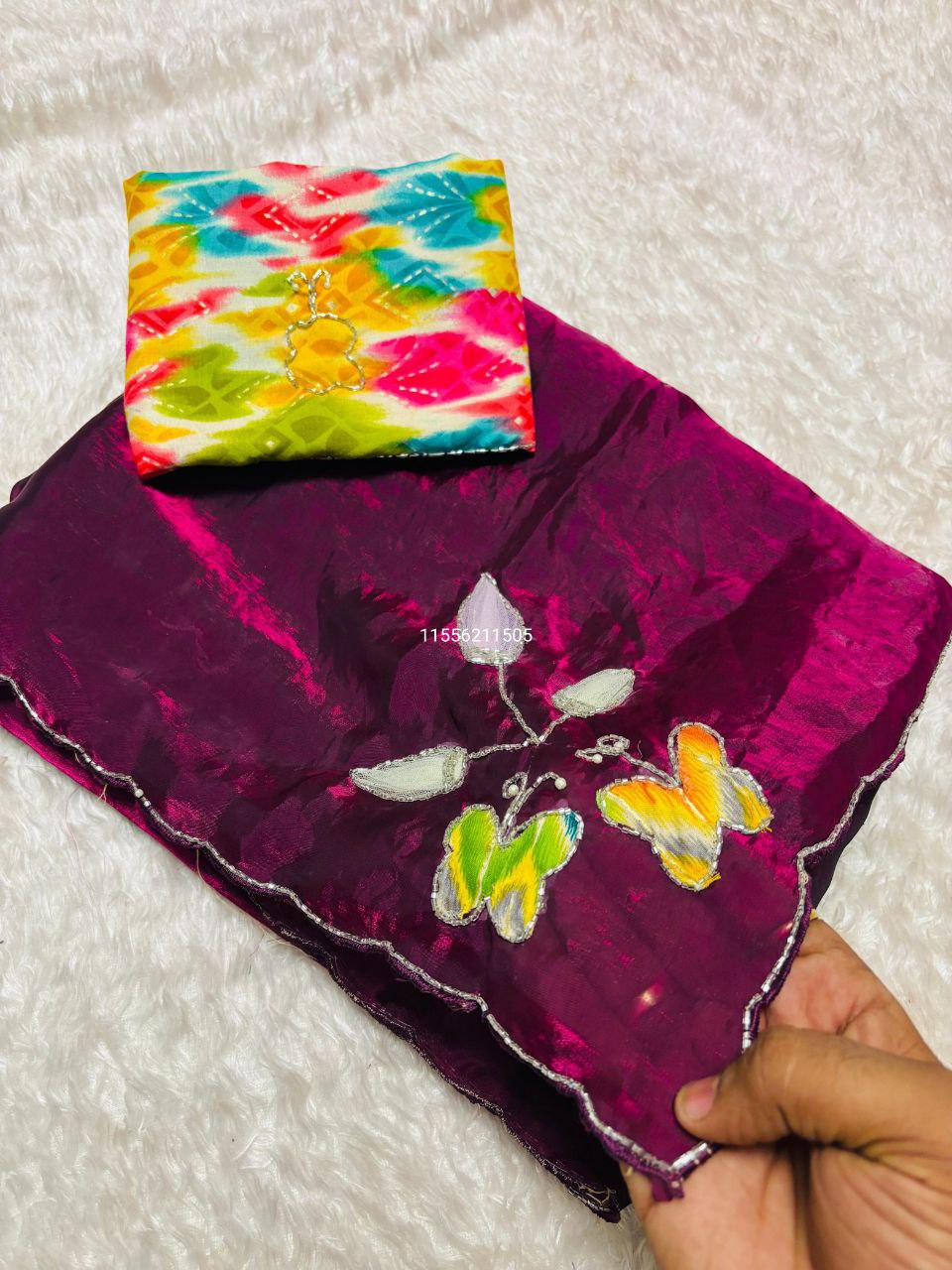 Pure Fendy Silk Handwork Saree with Pearl Border - Image 6