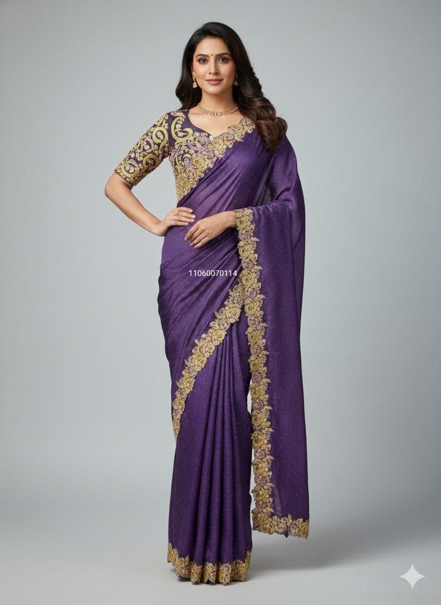 Purple Fendy Satin Swarovski Saree - Image 4