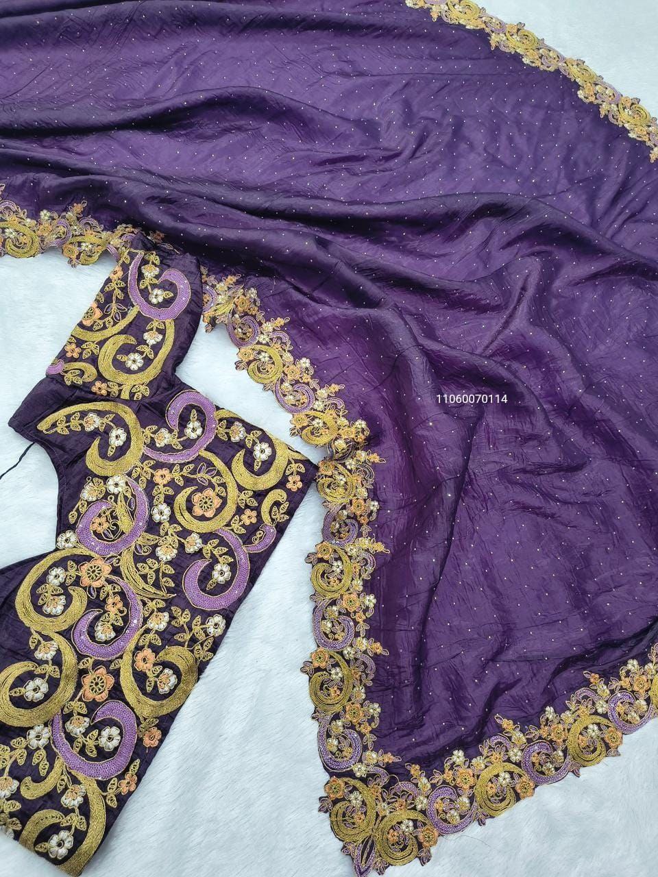 Purple Fendy Satin Swarovski Saree - Image 3
