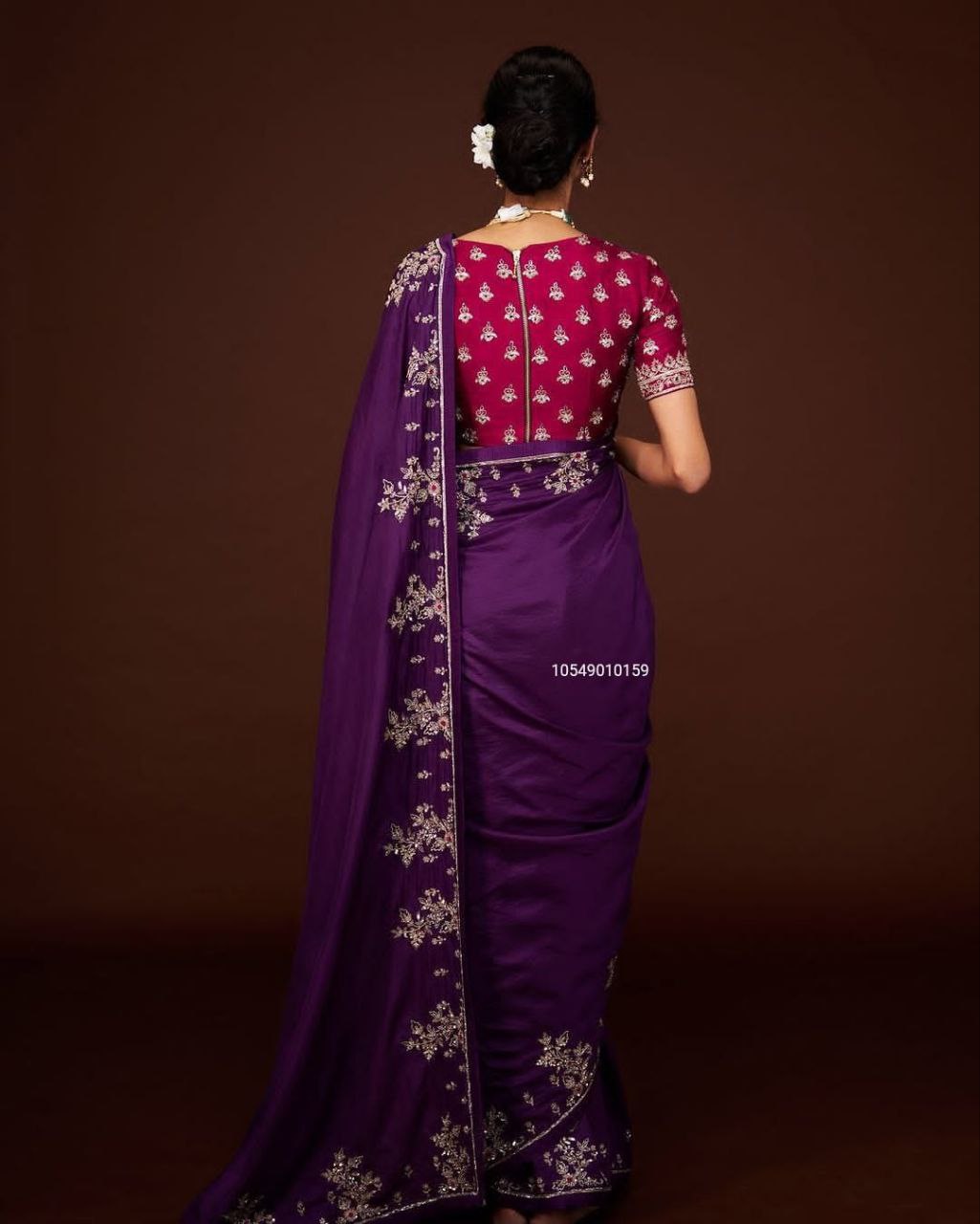 Purple - Viscose Chinon Embroidered Saree - Image 3
